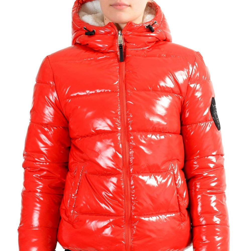 Plein Sport Women's Red Hooded Reversible Sherpa Logo Print Zip Up Parka Jacket